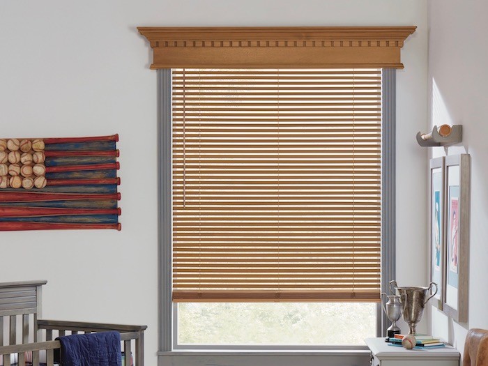 Wood blind with oversized crown molding cornice 